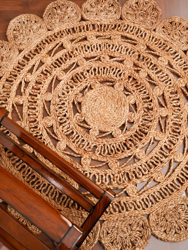 Beige Hand Woven Jute Oriental Rug with Decorative Floral Border