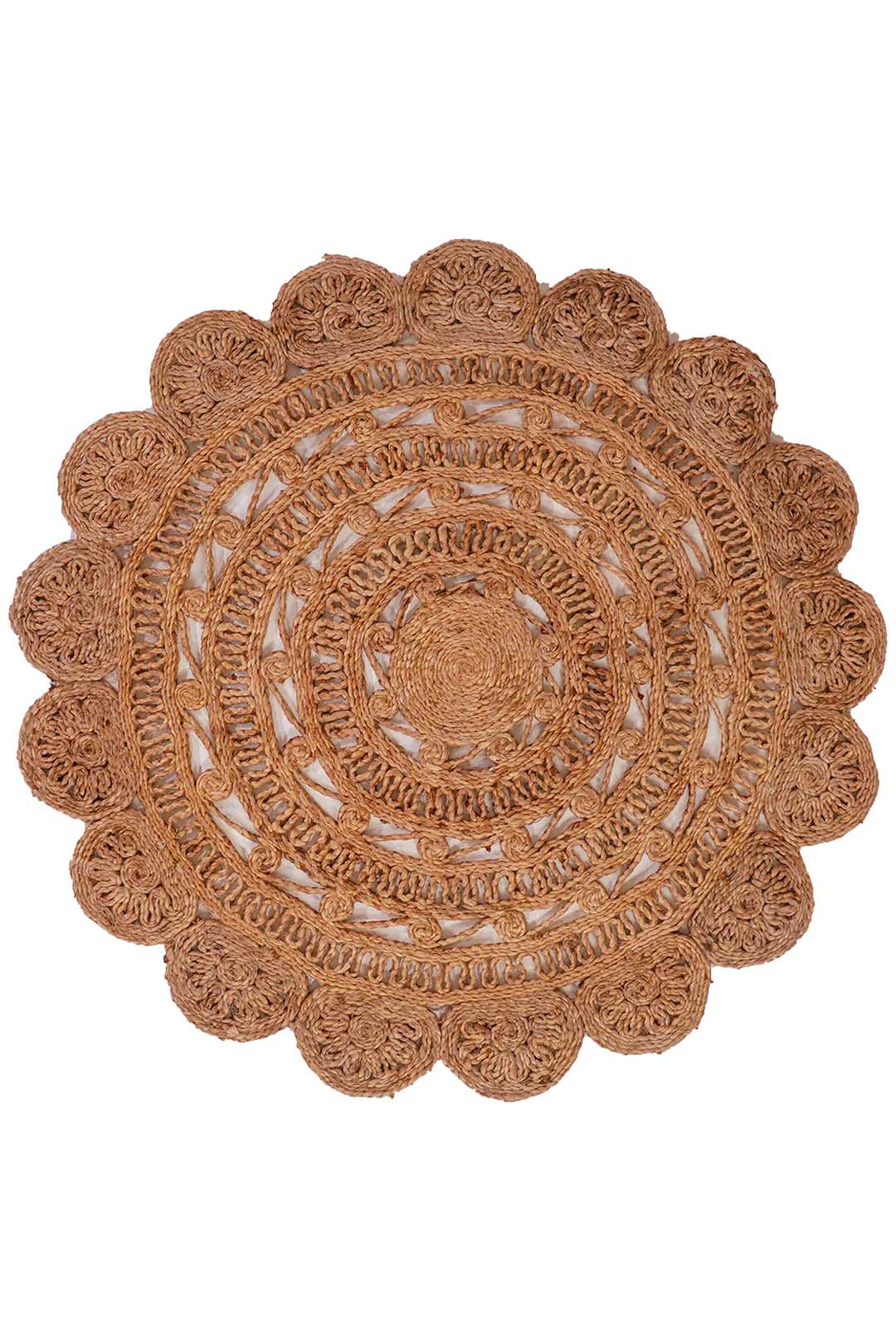 Beige Hand Woven Jute Oriental Rug with Decorative Floral Border