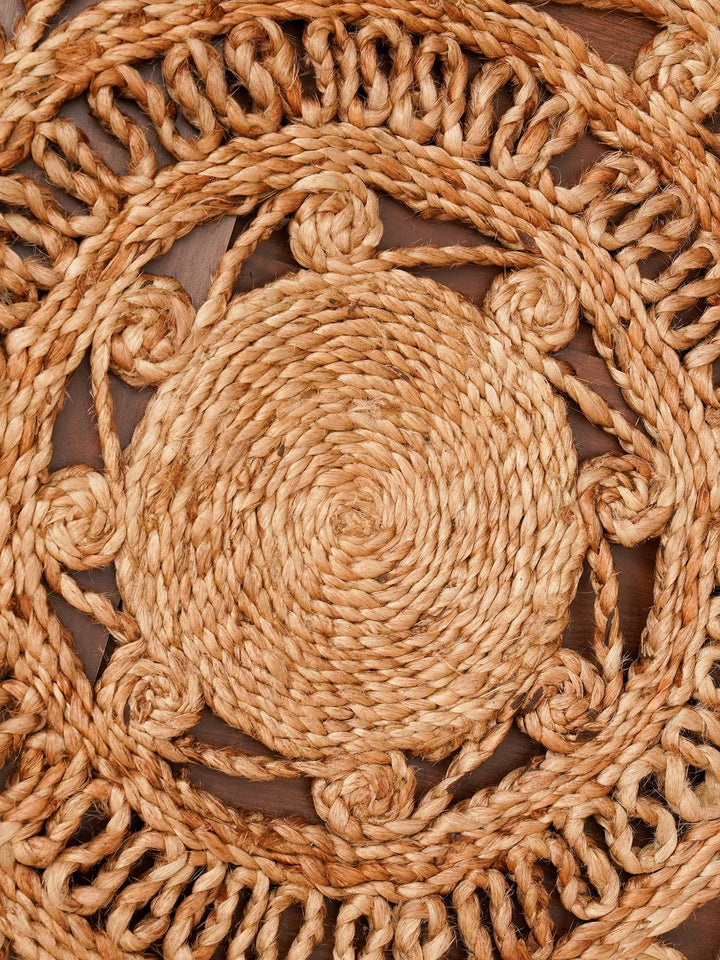 Beige Hand Woven Jute Oriental Rug with Decorative Floral Border