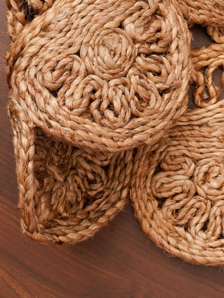 Beige Hand Woven Jute Oriental Rug with Decorative Floral Border