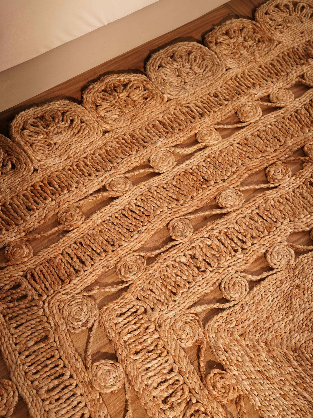 Beige Hand Woven Jute Oriental Rug with Decorative Floral Border