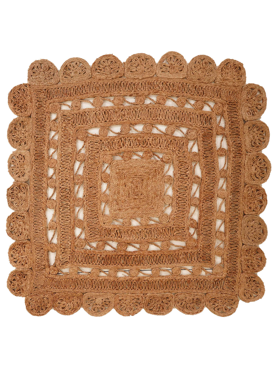 Beige Hand Woven Jute Oriental Rug with Decorative Floral Border