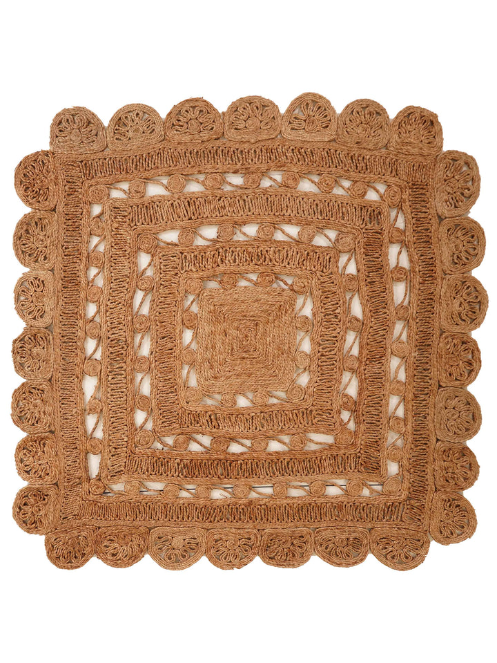 Beige Hand Woven Jute Oriental Rug with Decorative Floral Border