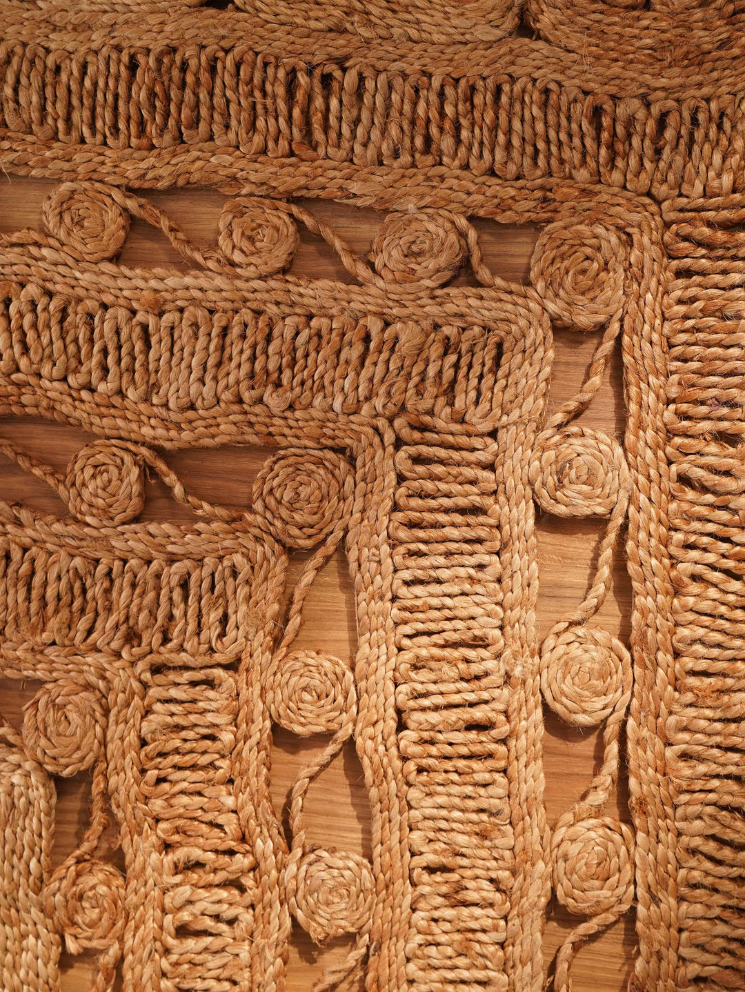Beige Hand Woven Jute Oriental Rug with Decorative Floral Border