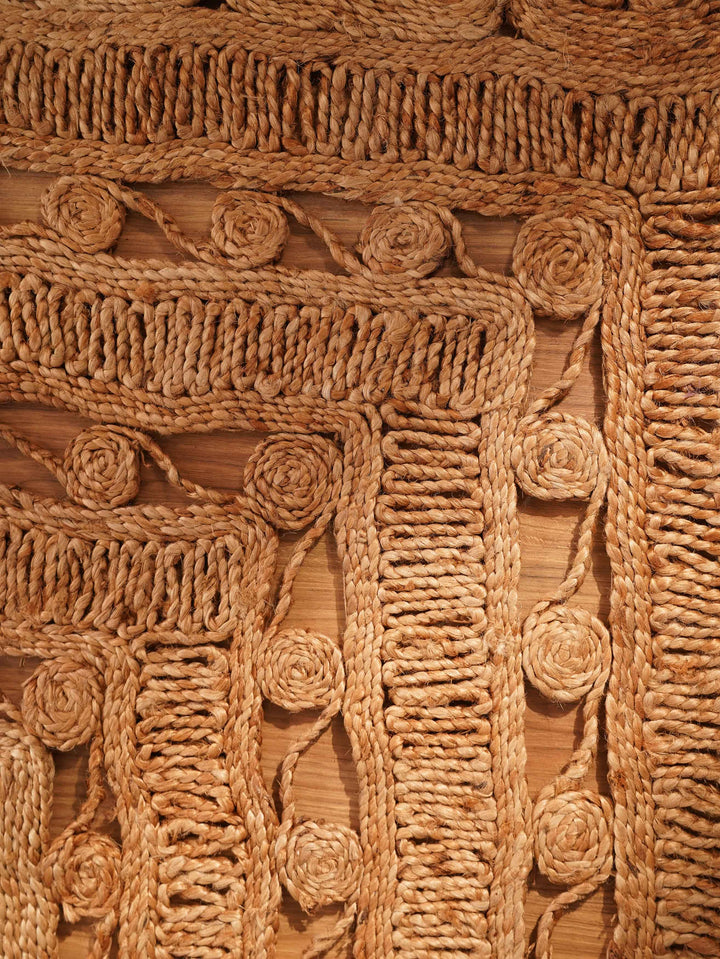 Beige Hand Woven Jute Oriental Rug with Decorative Floral Border