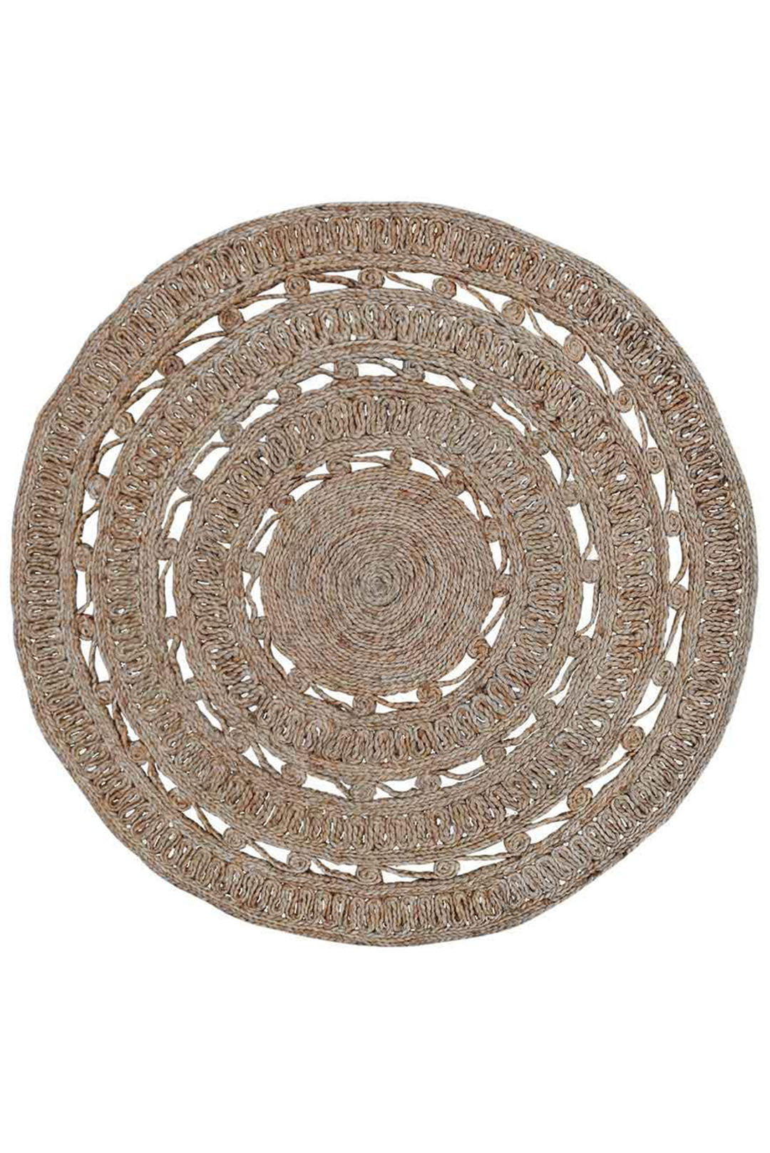 Beige Round Hand Woven Jute Oriental Rug with Openwork Design