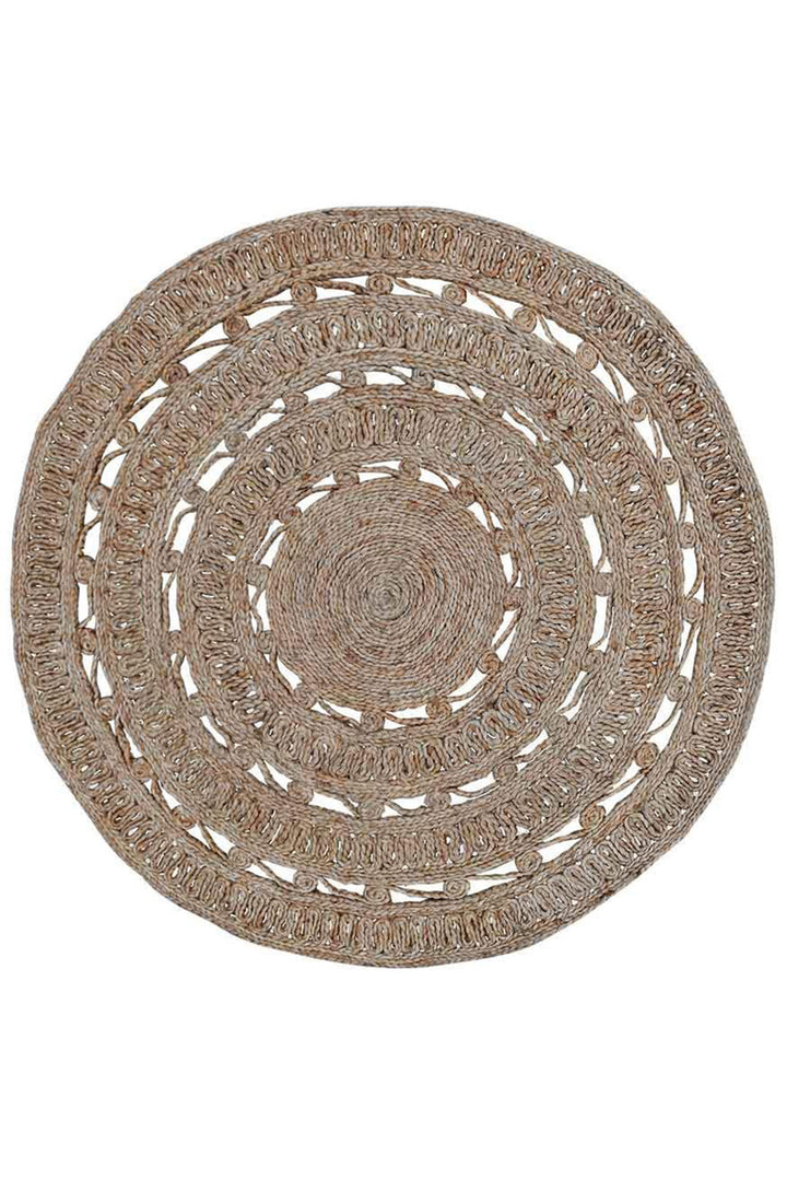 Beige Round Hand Woven Jute Oriental Rug with Openwork Design
