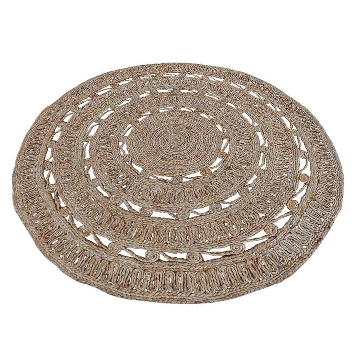 Beige Round Hand Woven Jute Oriental Rug with Openwork Design