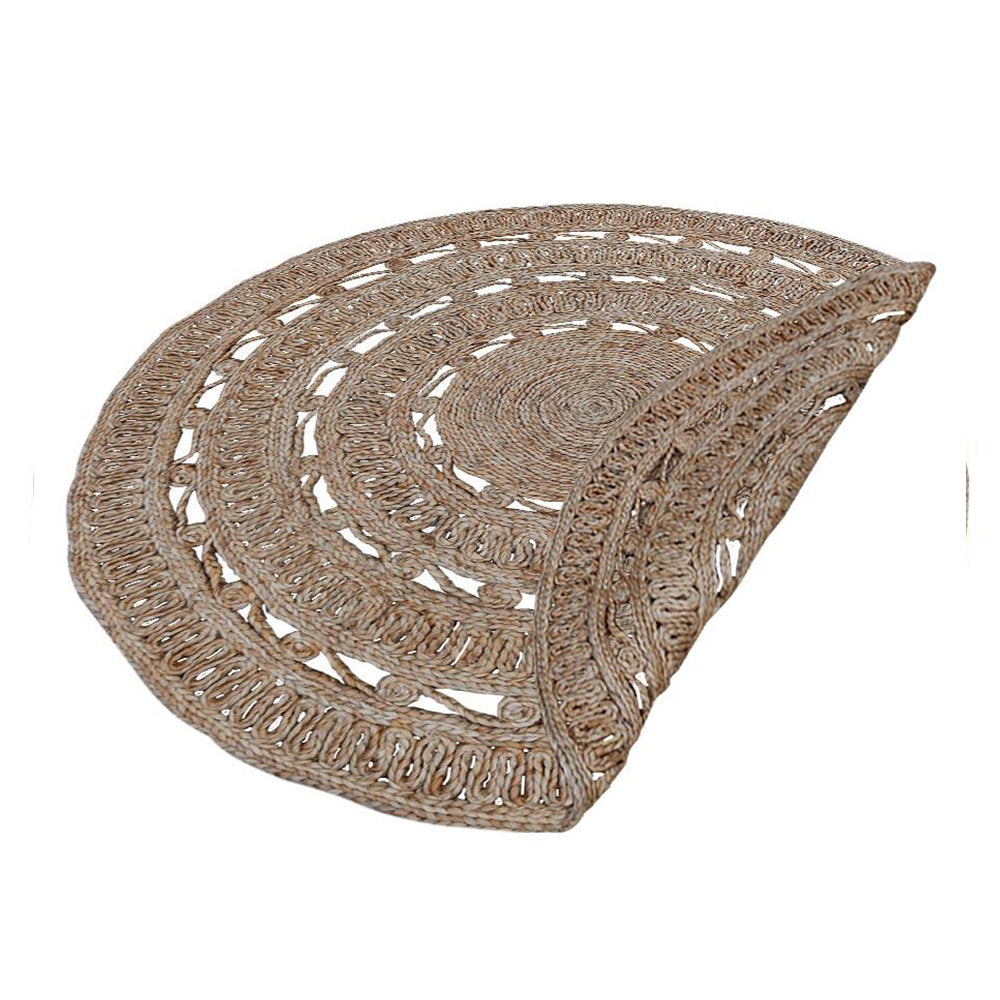 Beige Round Hand Woven Jute Oriental Rug with Openwork Design
