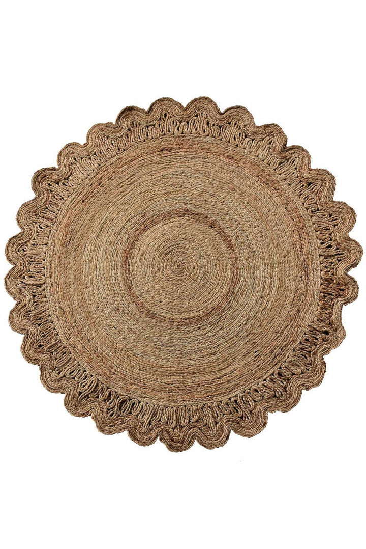 Round Oriental Jute Rug with Scalloped Border for Elegant Spaces
