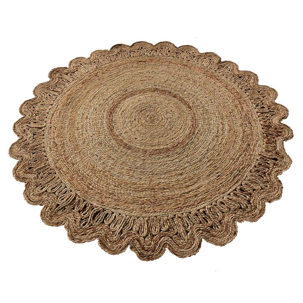 Round Oriental Jute Rug with Scalloped Border for Elegant Spaces