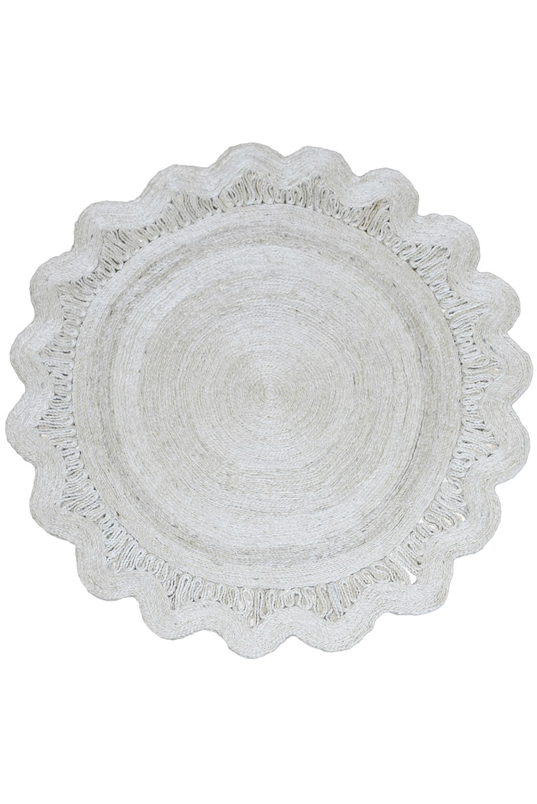 Round Oriental Jute Rug with Scalloped Border for Elegant Spaces