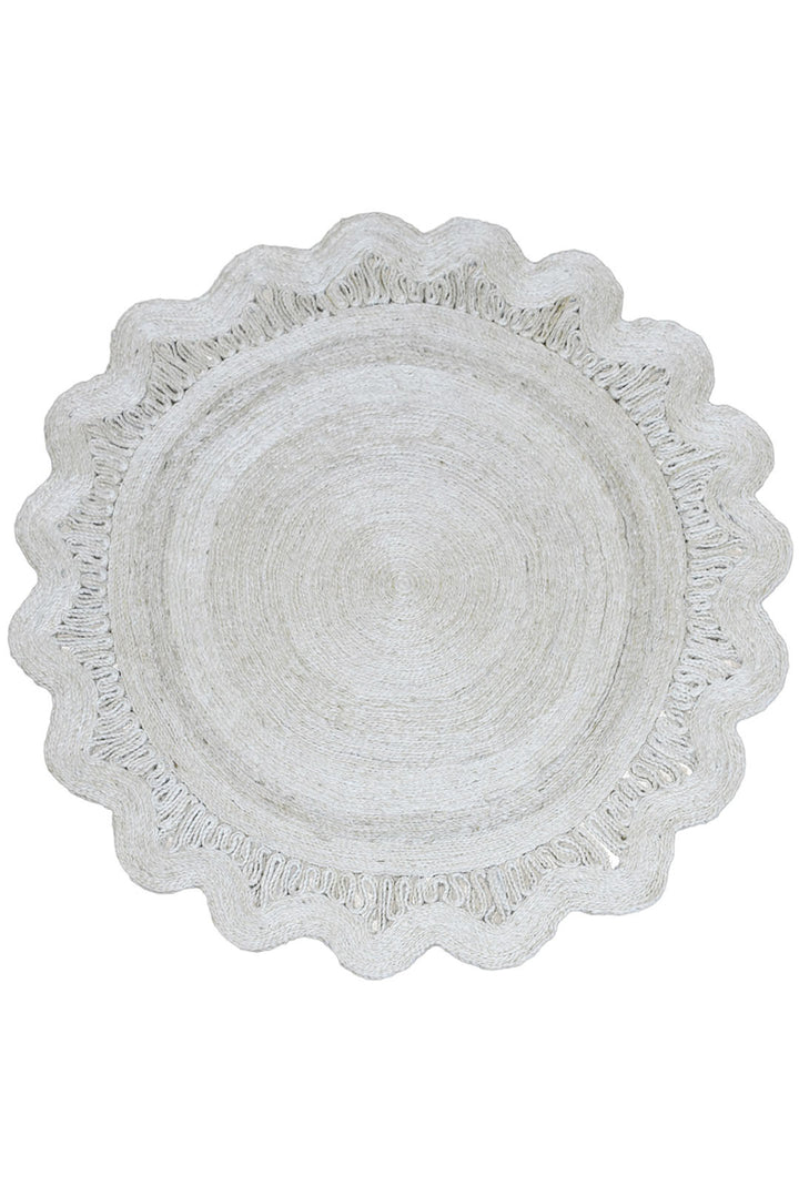 Round Oriental Jute Rug with Scalloped Border for Elegant Spaces