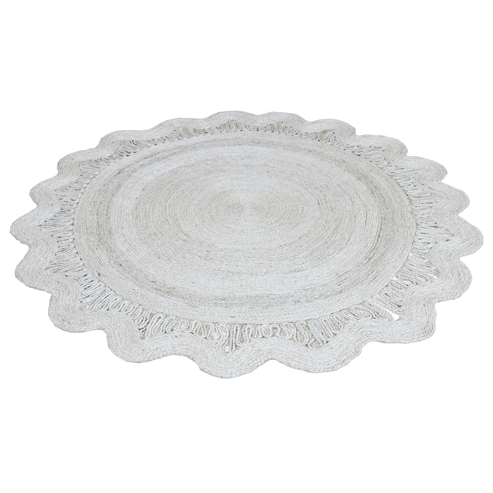Round Oriental Jute Rug with Scalloped Border for Elegant Spaces