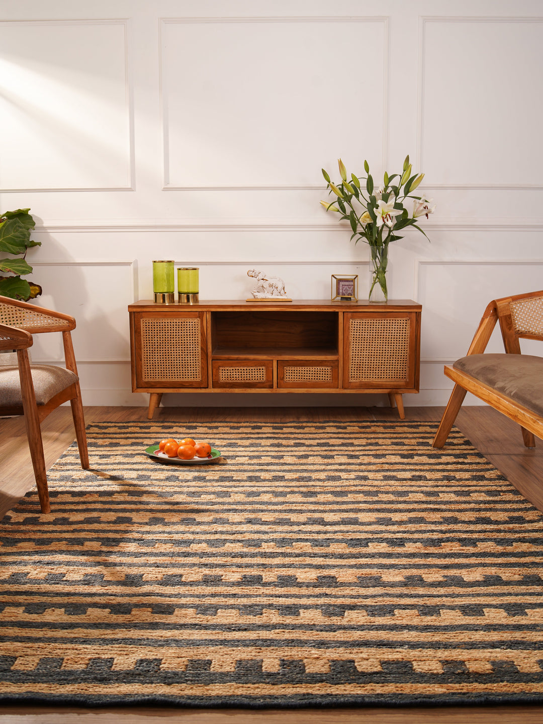 Beige & Brown Textured Stripe Jute Sumak Rug for Contemporary Spaces