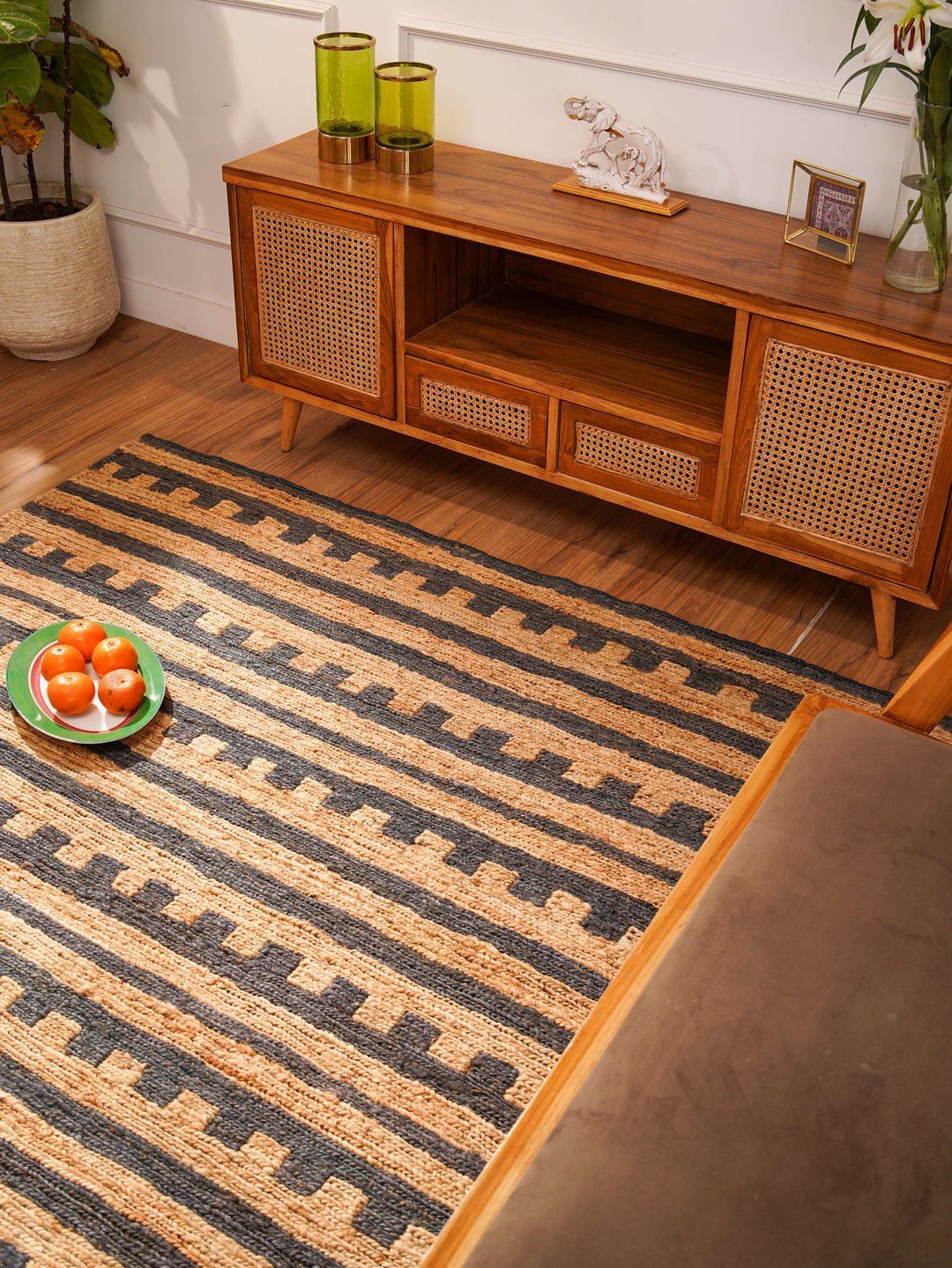 Beige & Brown Textured Stripe Jute Sumak Rug for Contemporary Spaces