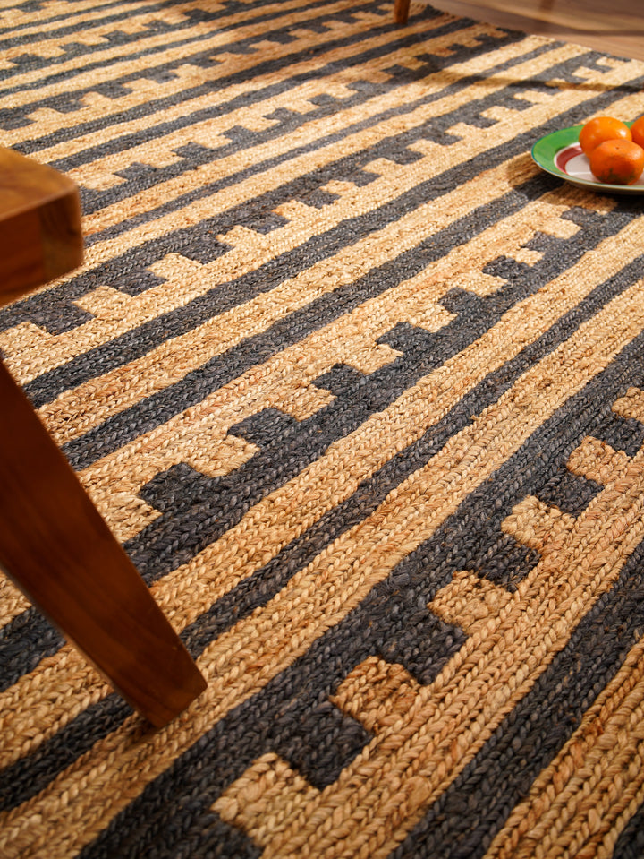 Beige & Brown Textured Stripe Jute Sumak Rug for Contemporary Spaces