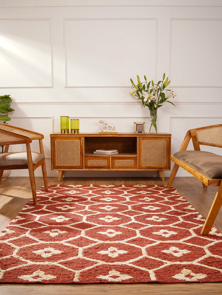 Red & Beige Floral Jute Sumak Rug for Elegant Living Spaces