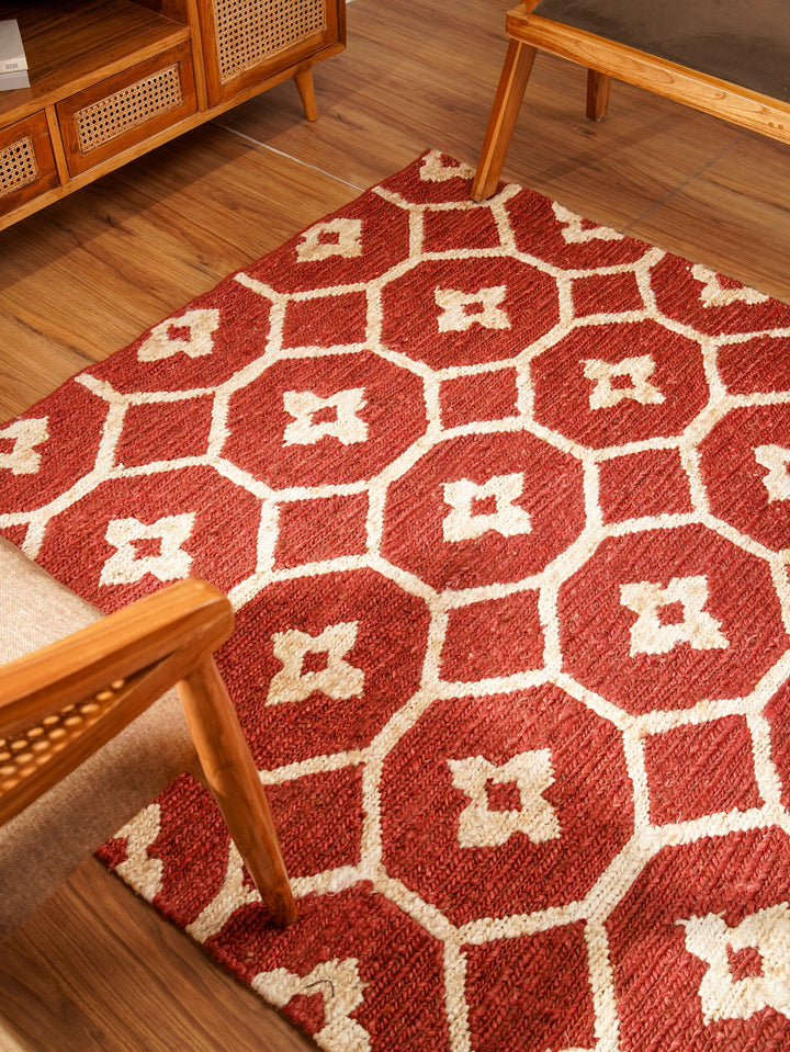 Red & Beige Floral Jute Sumak Rug for Elegant Living Spaces