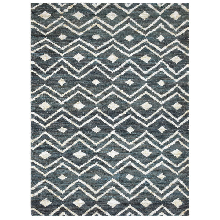 Green & Beige Geometric Jute Sumak Rug for Contemporary Interiors