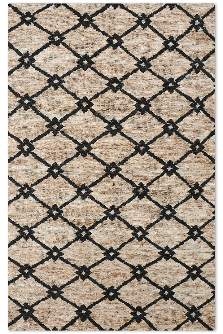 Beige & Black Lattice Pattern Jute Sumak Rug for Contemporary Spaces