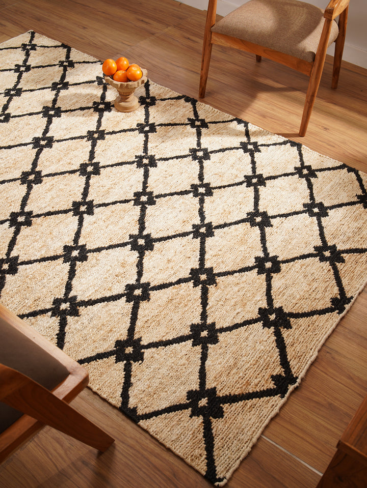 Beige & Black Lattice Pattern Jute Sumak Rug for Contemporary Spaces