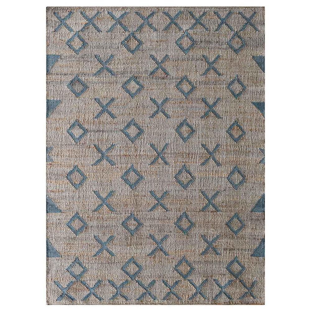 Beige & Light Blue Geometric Jute Kilim Rug for Contemporary Homes