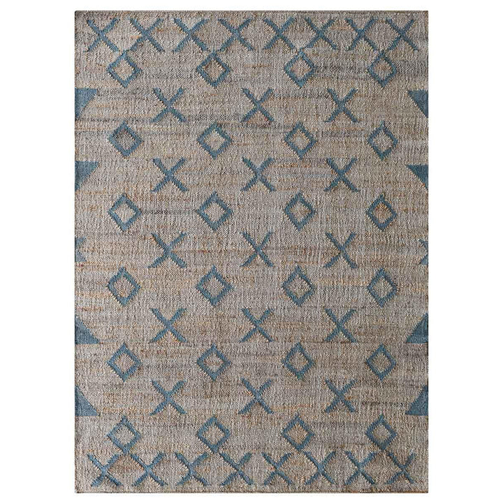Beige & Light Blue Geometric Jute Kilim Rug for Contemporary Homes
