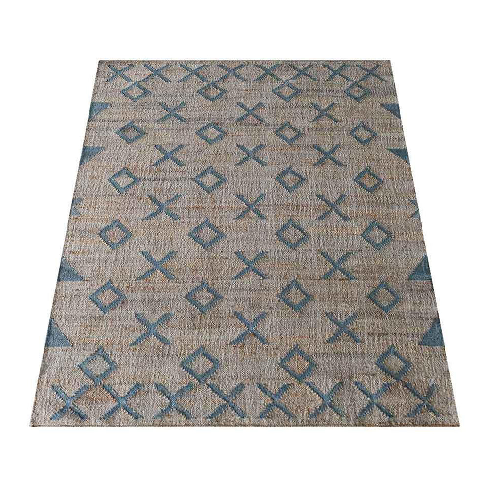 Beige & Light Blue Geometric Jute Kilim Rug for Contemporary Homes
