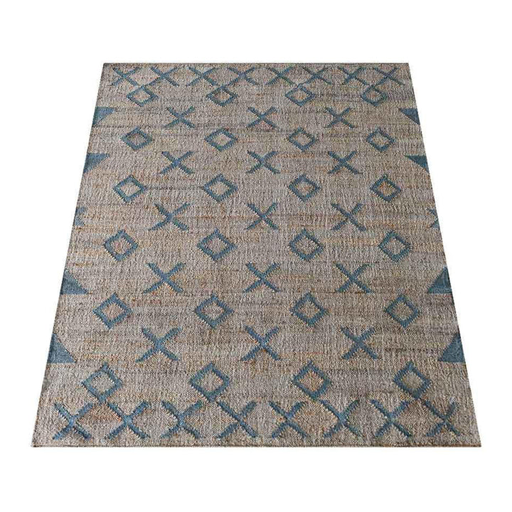 Beige & Light Blue Geometric Jute Kilim Rug for Contemporary Homes