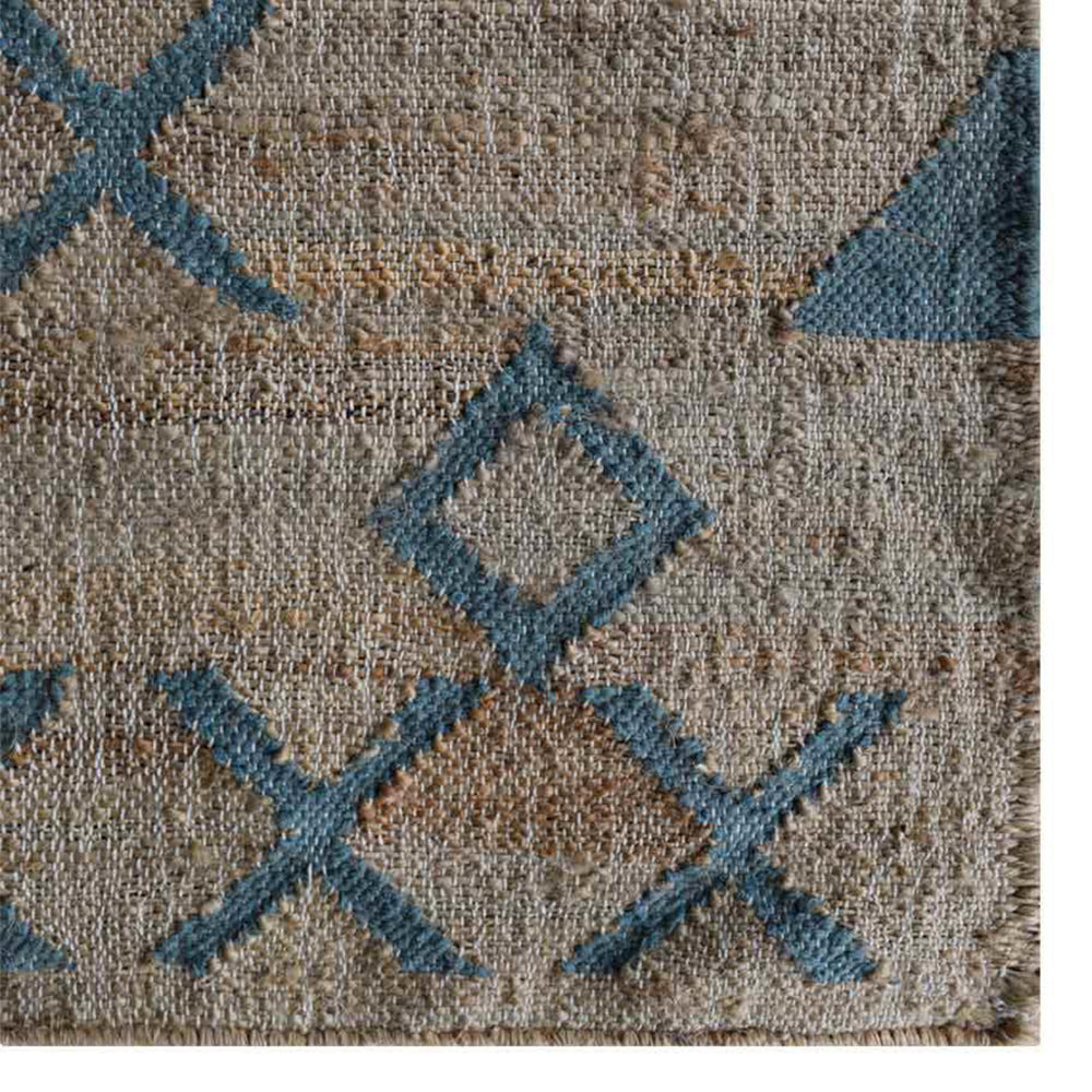 Beige & Light Blue Geometric Jute Kilim Rug for Contemporary Homes