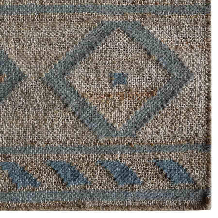 Light Brown & Light Blue Geometric Kilim Jute Rug for Stylish Living Spaces