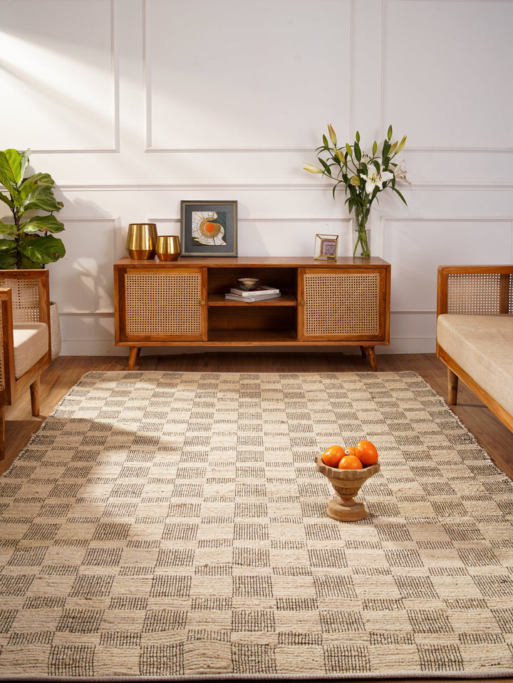 Beige Checkered Jute Area Rug for Modern & Minimal Interiors