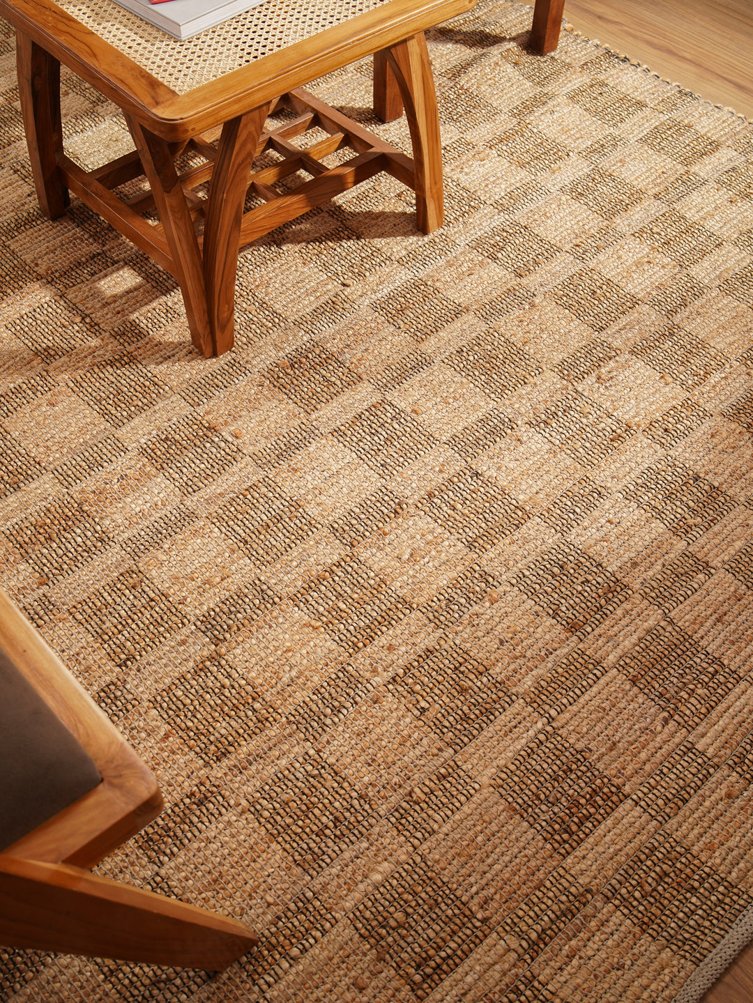 Beige Checkered Jute Area Rug for Modern & Minimal Interiors