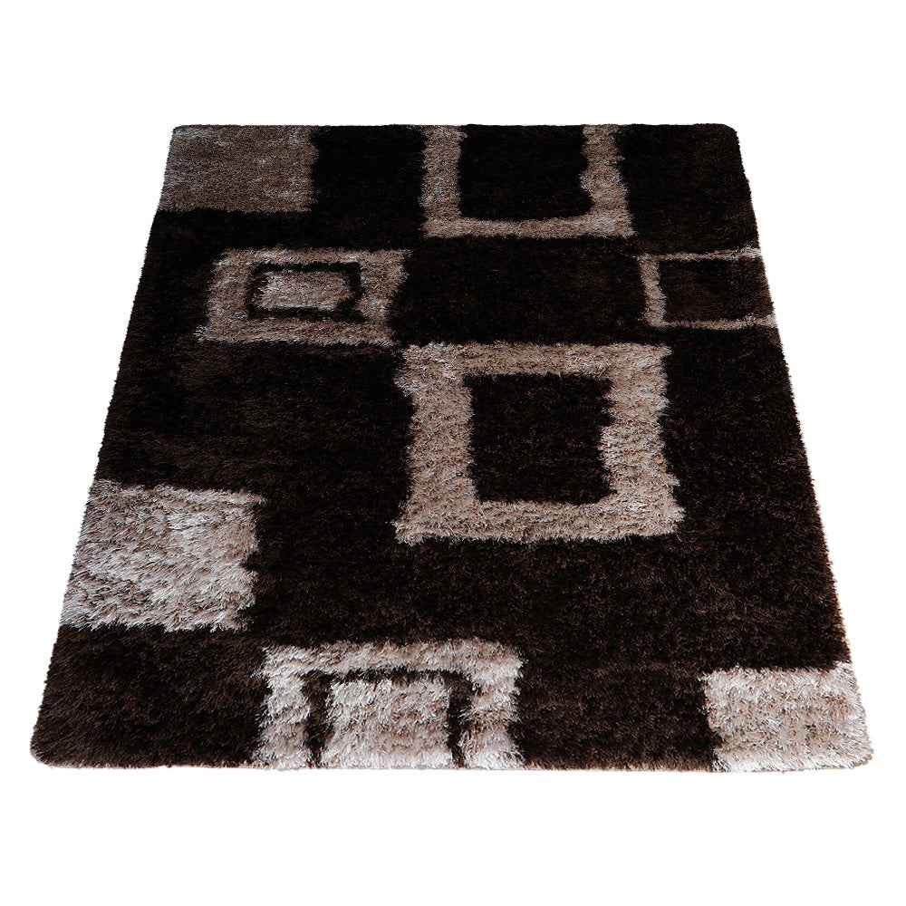 Hand Tufted Shag Polyester Area Rug Geometric Brown Beige K00001