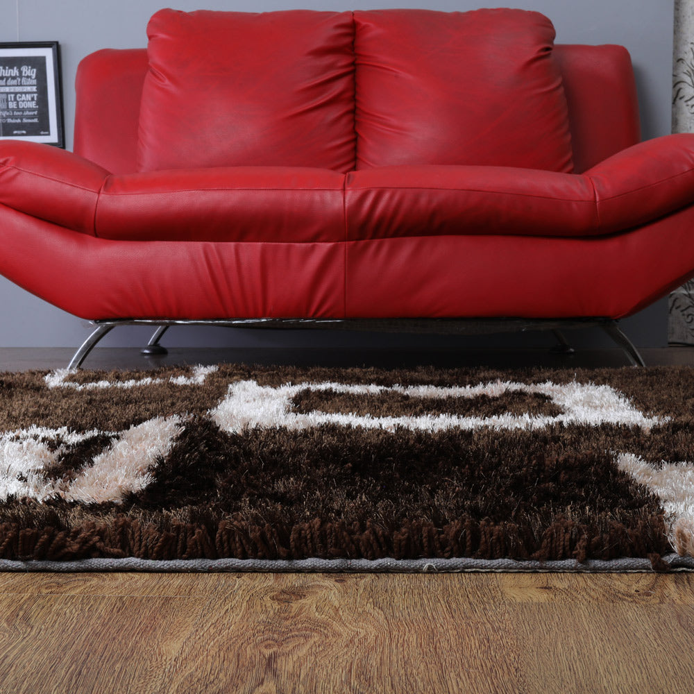 Hand Tufted Shag Polyester Area Rug Geometric Brown Beige K00001