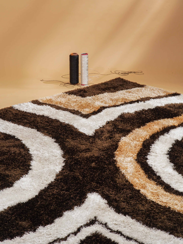 Hand Tufted Shag Polyester Area Rug Geometric Beige Brown K00045