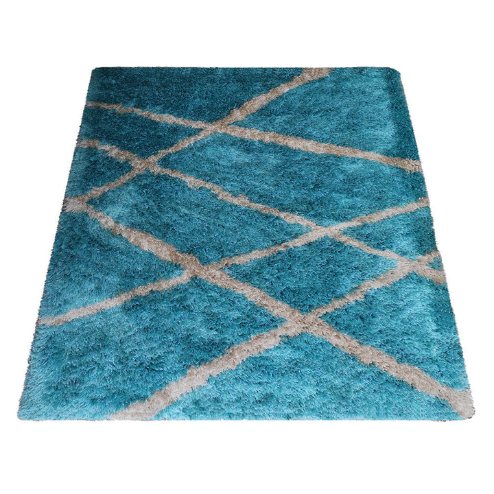 Hand Tufted Shag Polyester Area Rug Geometric Turquoise White K00052