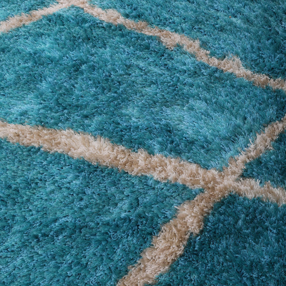 Hand Tufted Shag Polyester Area Rug Geometric Turquoise White K00052