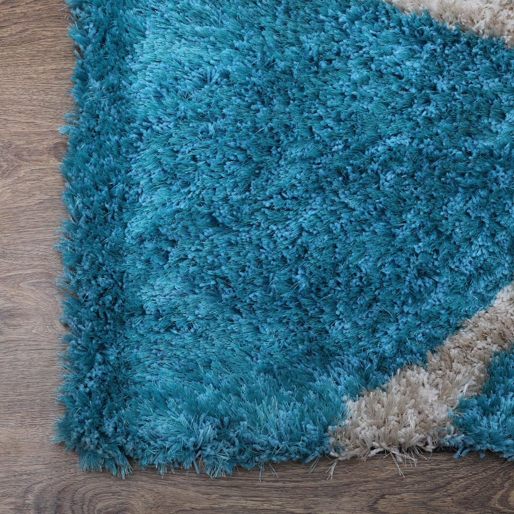 Hand Tufted Shag Polyester Area Rug Geometric Turquoise White K00052