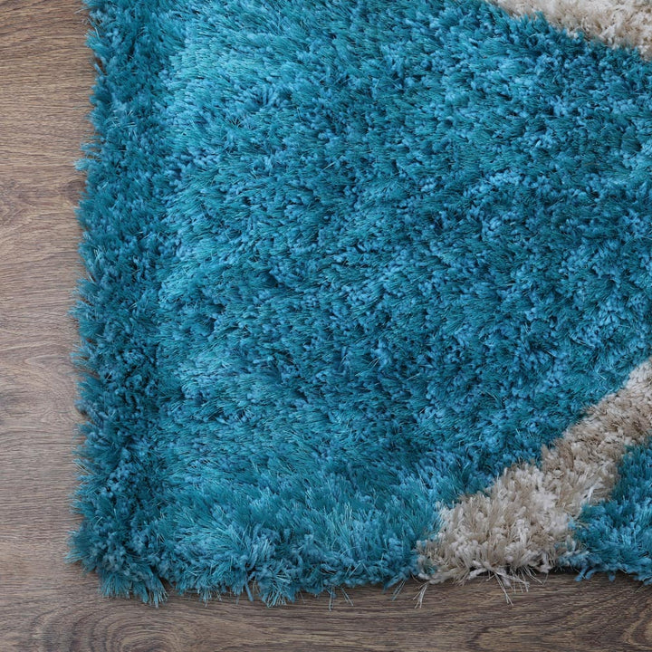 Hand Tufted Shag Polyester Area Rug Geometric Turquoise White K00052