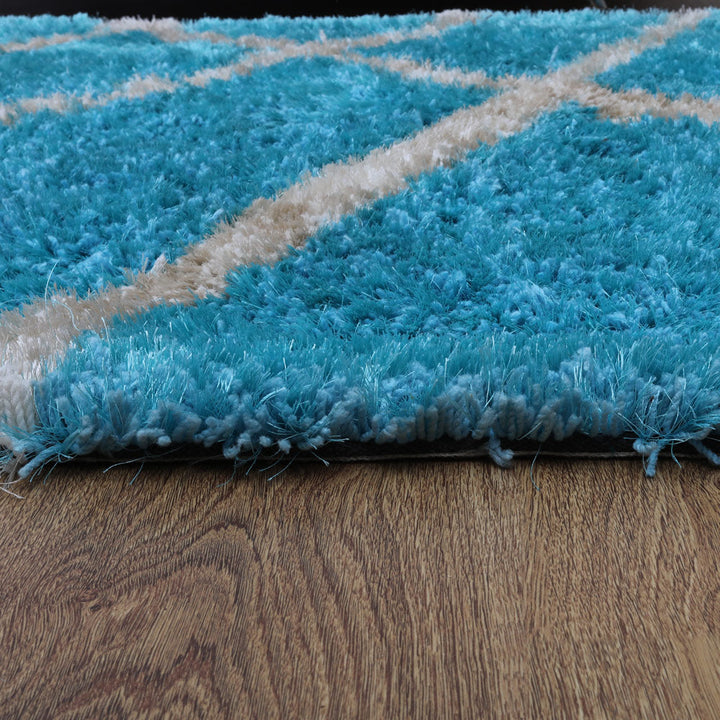 Hand Tufted Shag Polyester Area Rug Geometric Turquoise White K00052