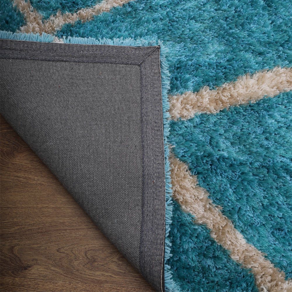 Hand Tufted Shag Polyester Area Rug Geometric Turquoise White K00052