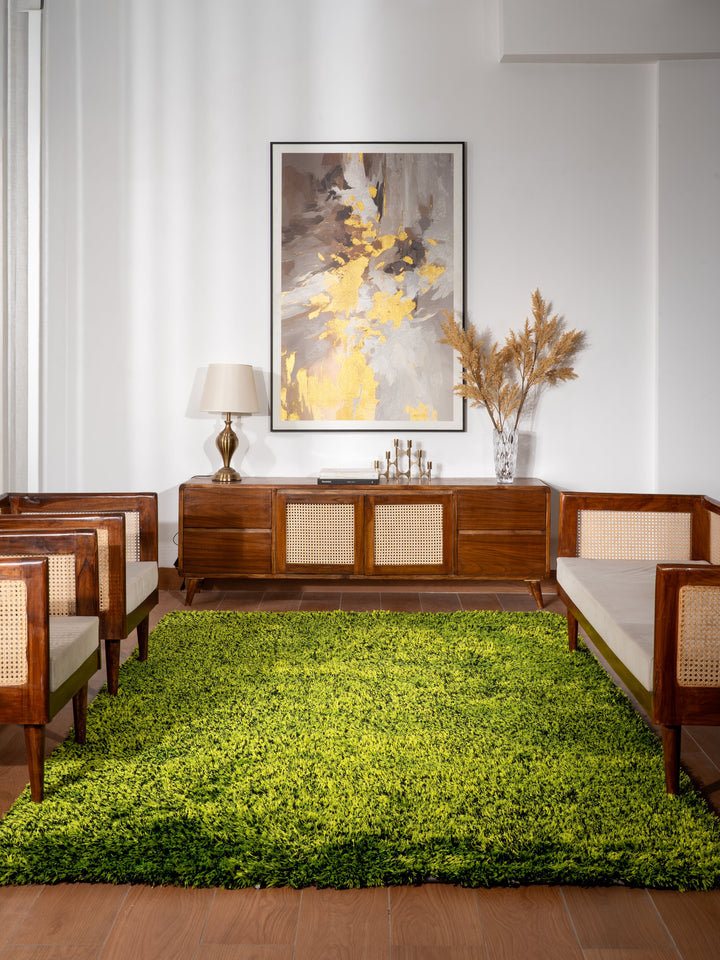 Hand Tufted Shag Green Polyester Solid Rug