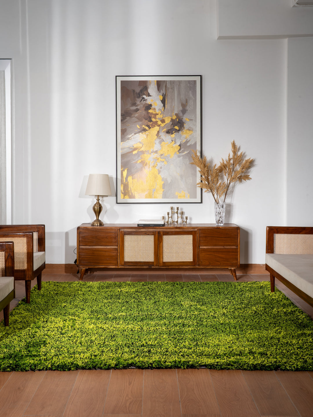 Hand Tufted Shag Green Polyester Solid Rug