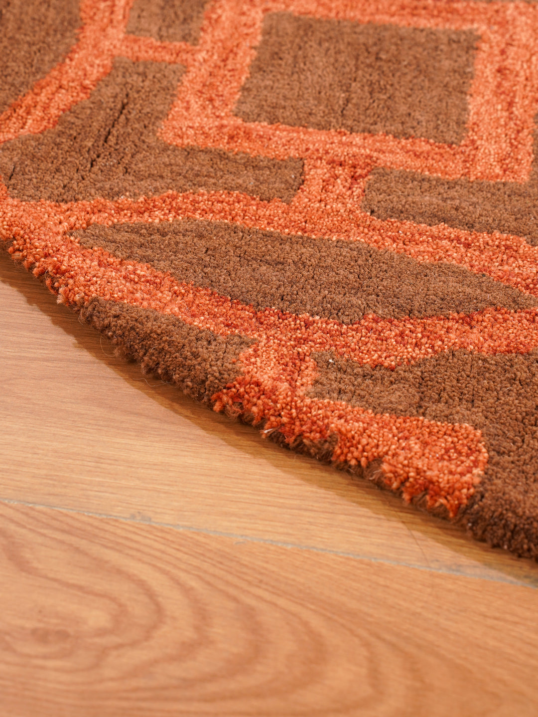 Hand Tufted Brown Orange Wool Geometric Rug