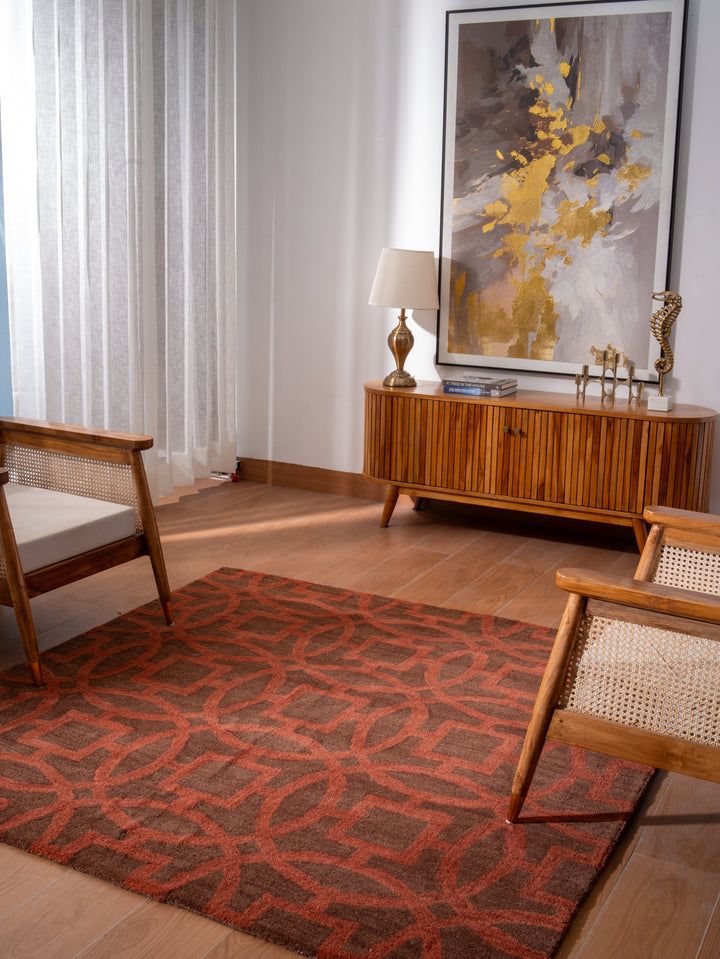Hand Tufted Brown Orange Wool Geometric Rug