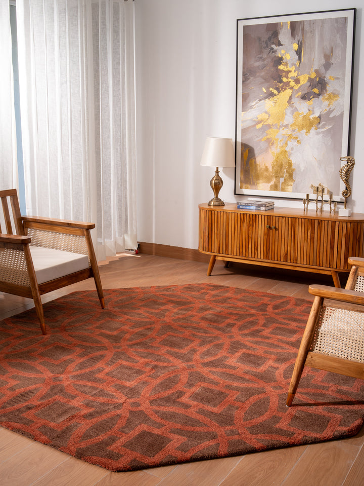 Hand Tufted Brown Orange Wool Geometric Rug