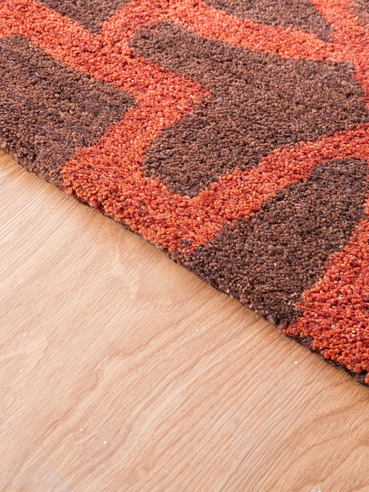 Hand Tufted Brown Orange Wool Geometric Rug