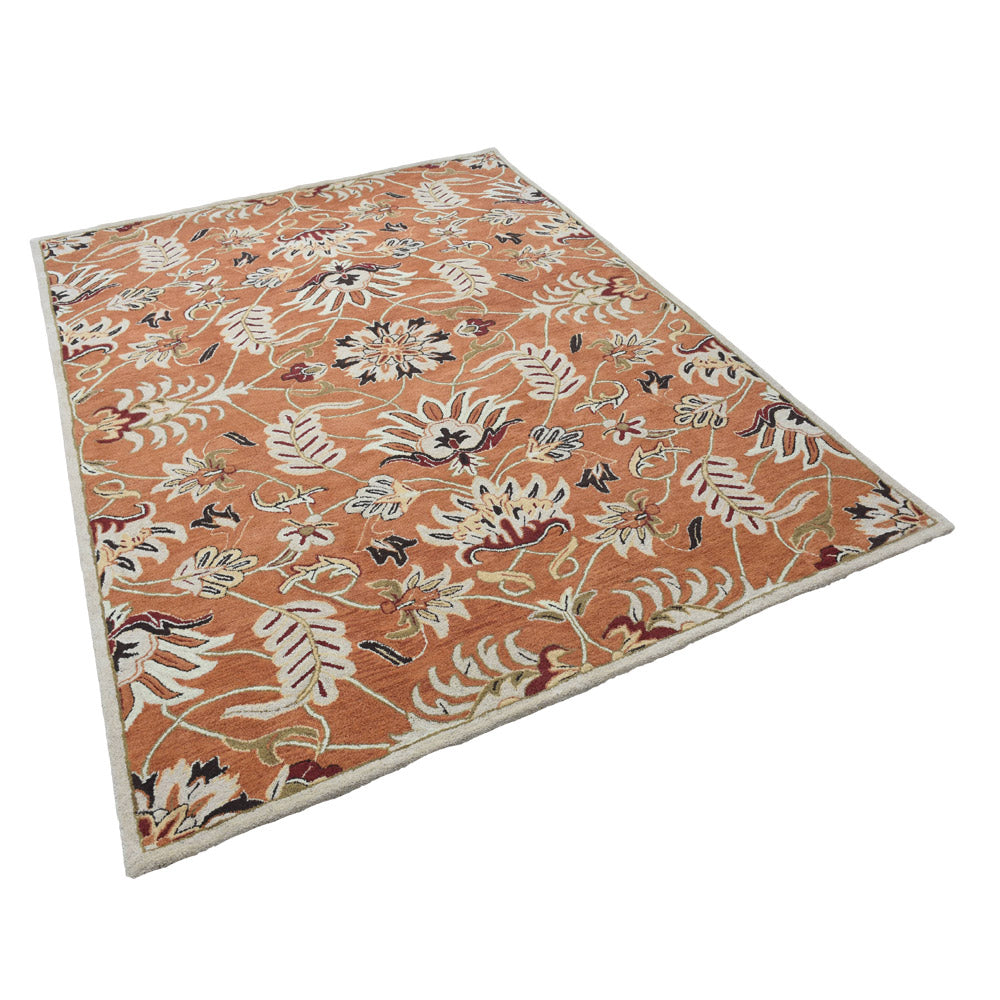 Hand Tufted Wool Area Rug Floral Orange K00268